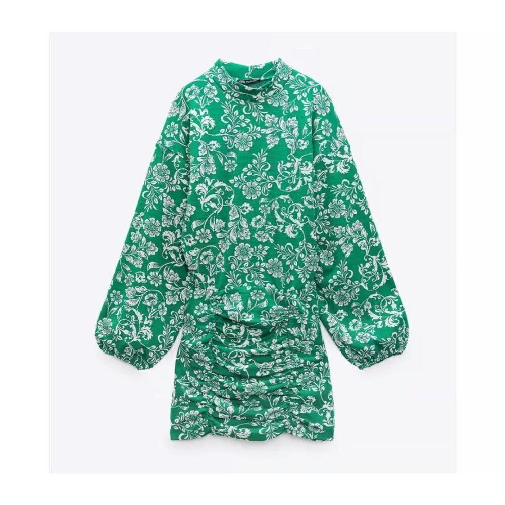 ZARA NEW BALLOON SLEEVE JACQUARD KNIT DRESS GREEN size S